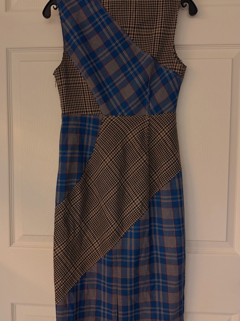 Tracy Reese One-Shoulder Blue and Brown Plaid Patchwork Dress - Picture 4 of 5